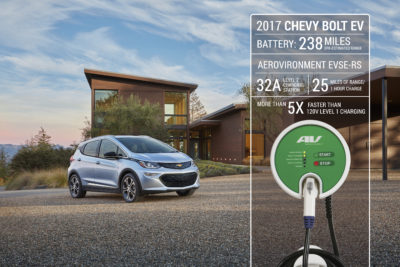 Publicity photo shows Aerovironment's home charging station for Chevy Bolt.