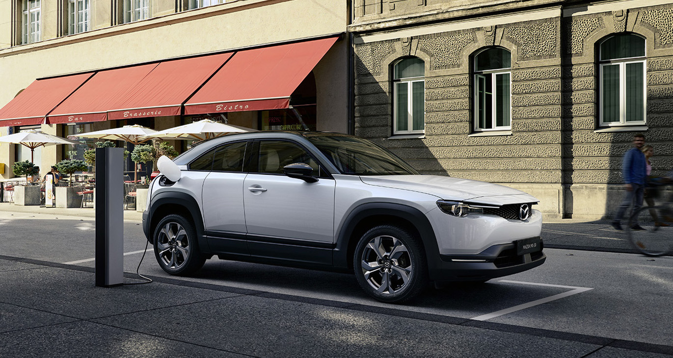 2022 Mazda MX-30 EV, at charger.