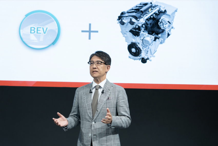Toyota CEO Koji Sato explaining alternative energy engines