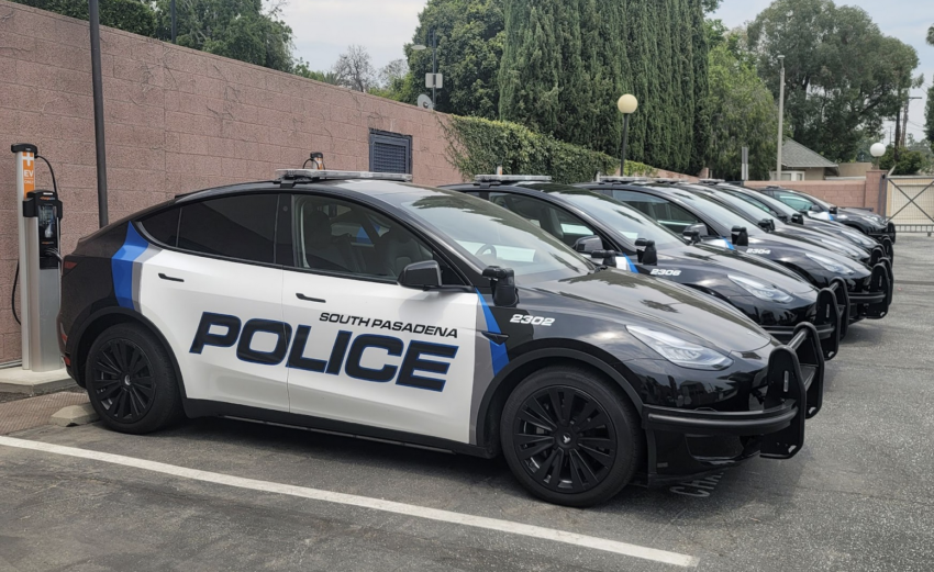 police Teslas lined up in charging area